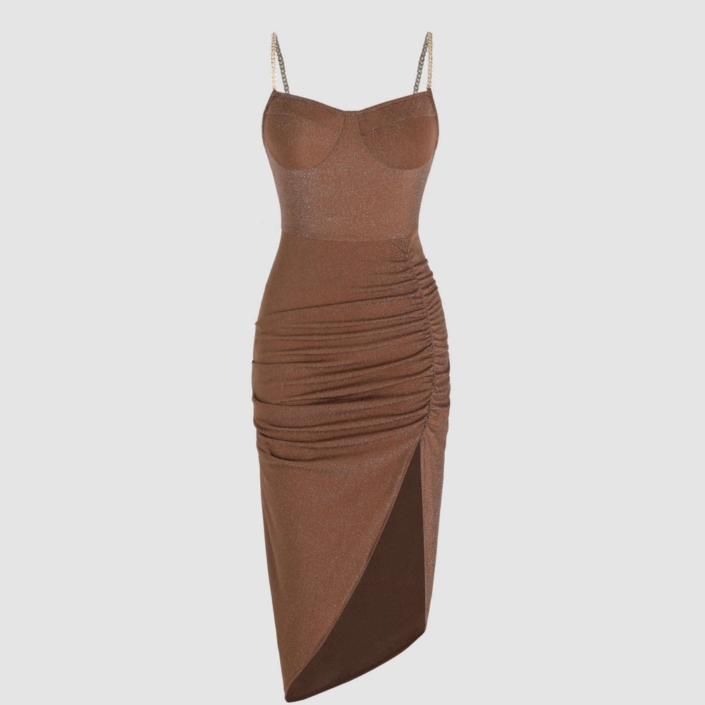 CIDER Glitter Ruched Slit Midi Dress NWT Brown Sparkle Size XL